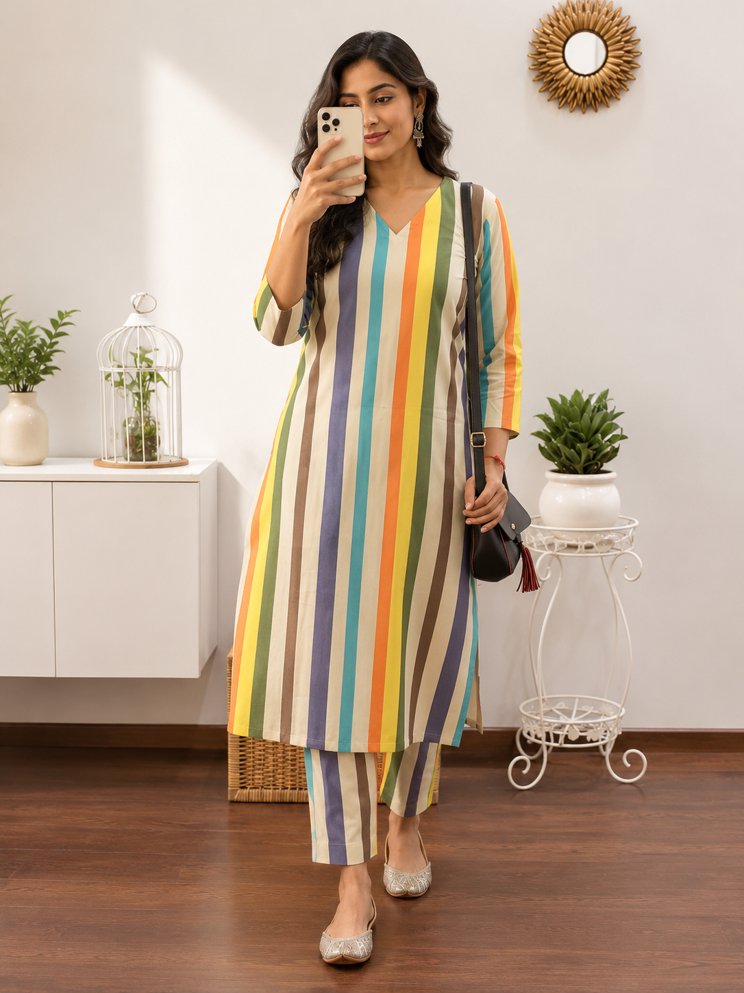 Stylish Trending Cotton Vertical Striped Co-ord Set with V-Neck Kurta & Straight Pants
