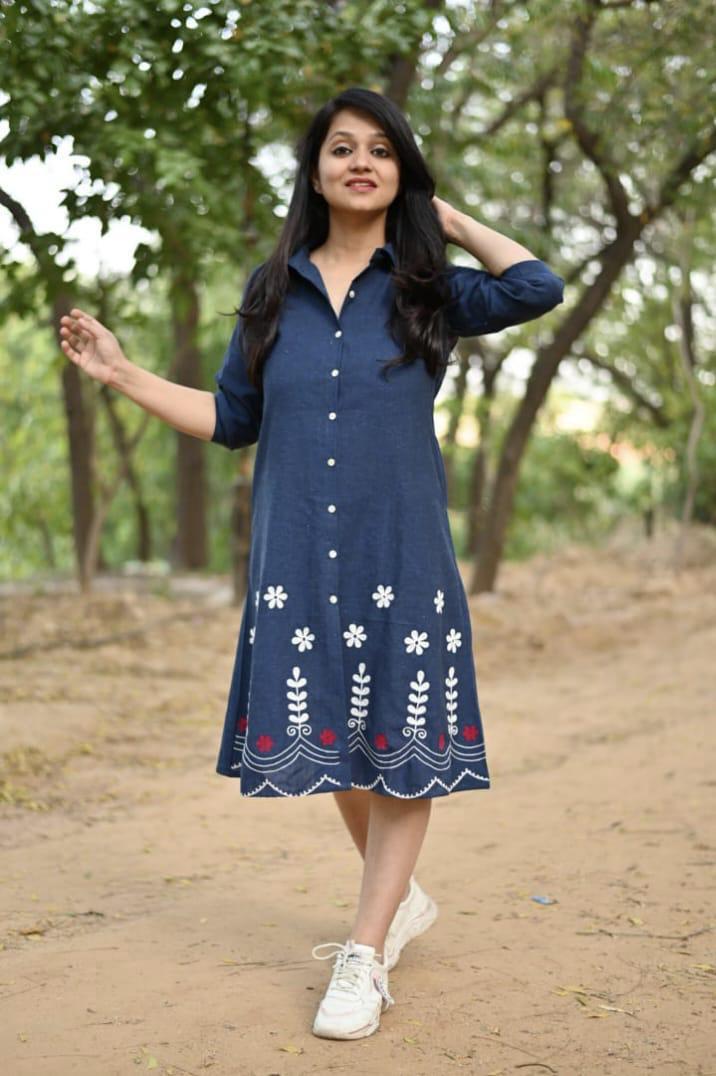 Hand Aari Embroide Cotton A-Line Midi Dress