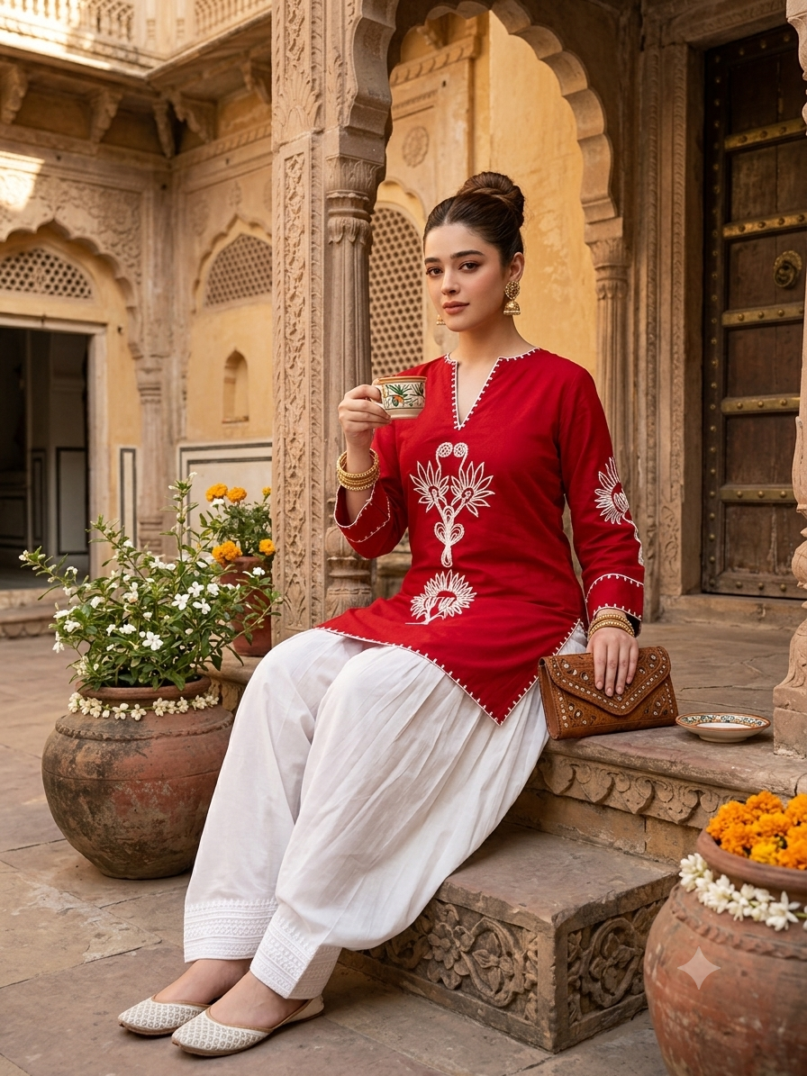 Women's Pure Cotton Embroide Kurta with Farshi Salwar Set