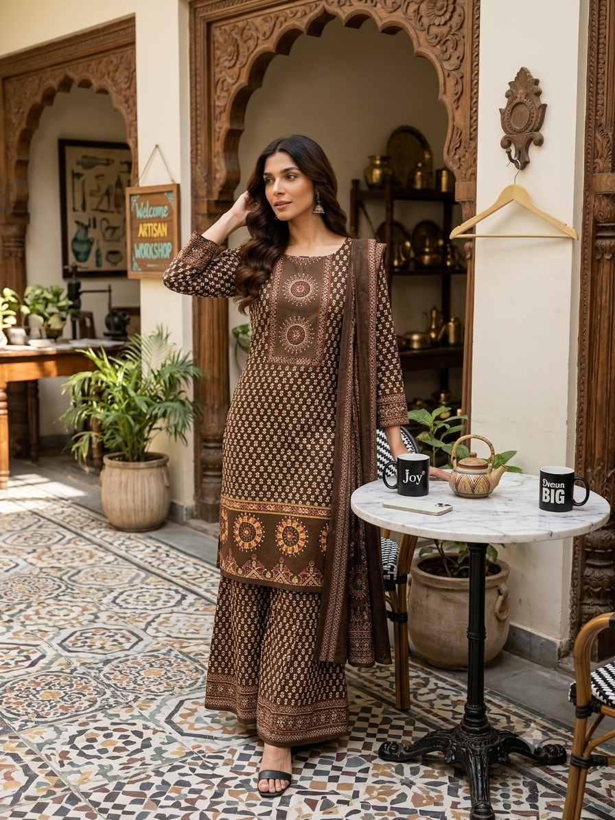 Women's Premium Cotton Printed Gopi Kurti Sharara & Malmal Dupatta Set