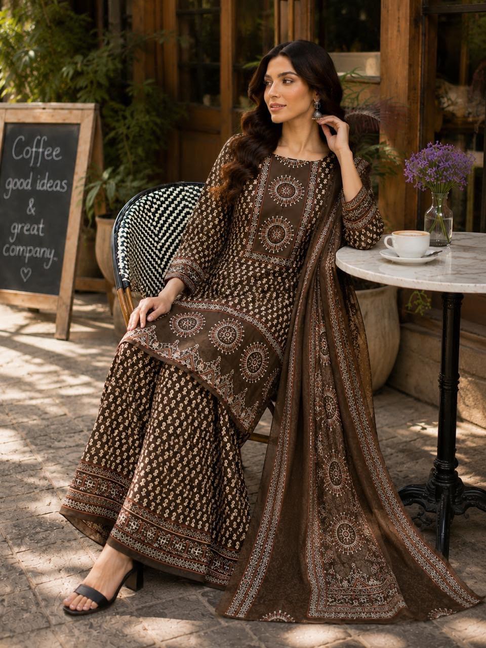 Women's Premium Cotton Printed Gopi Kurti Sharara & Malmal Dupatta Set