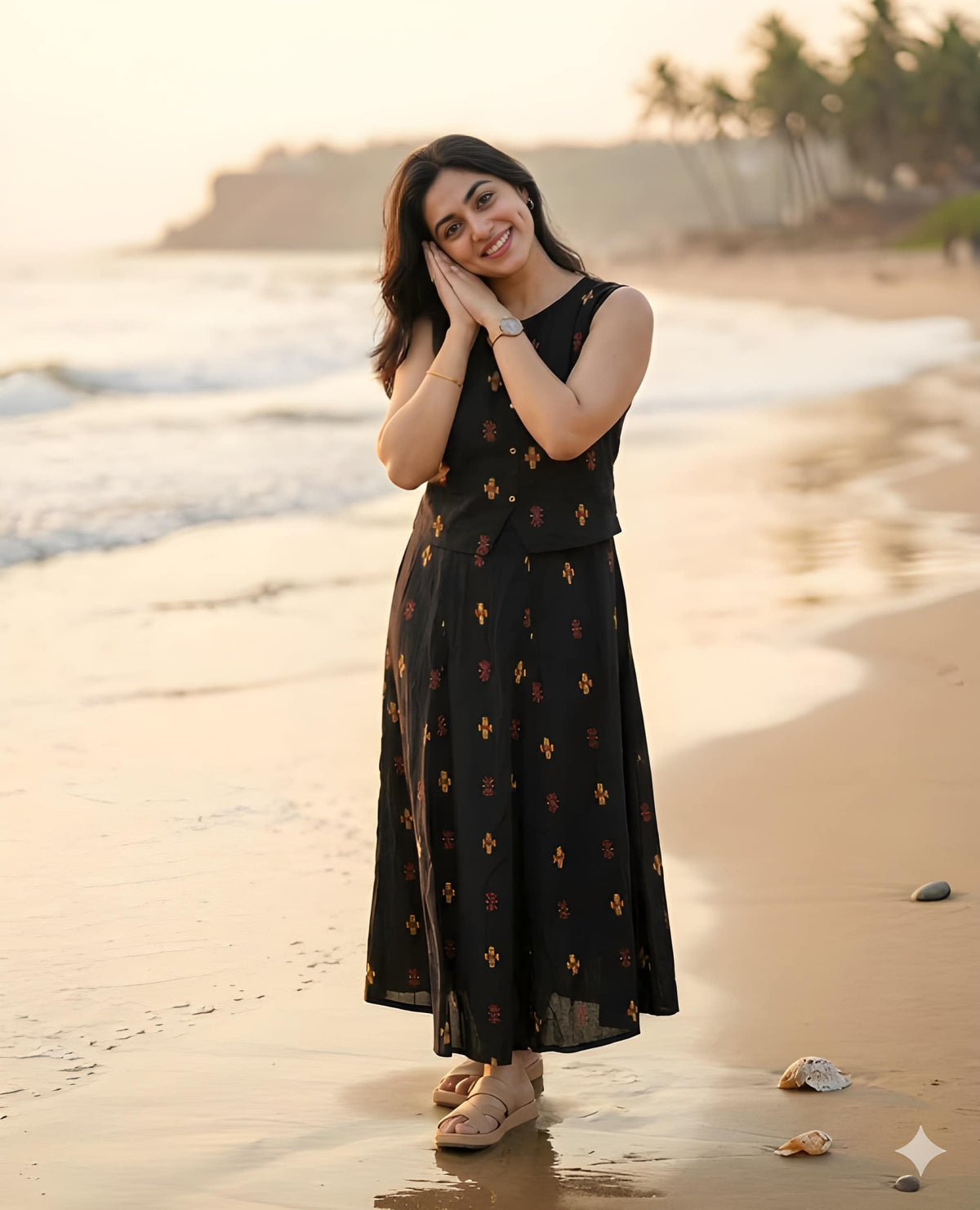 Women Stylish Cotton Co-Ord Set Sleeveless Button Detail Top with Printed Fla Skirt chic Ethnic Fusion Wear