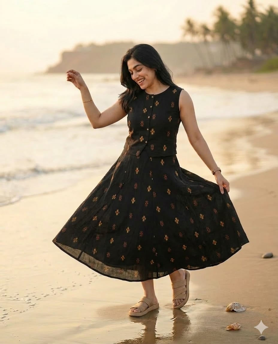 Women Stylish Cotton Co-Ord Set Sleeveless Button Detail Top with Printed Fla Skirt chic Ethnic Fusion Wear