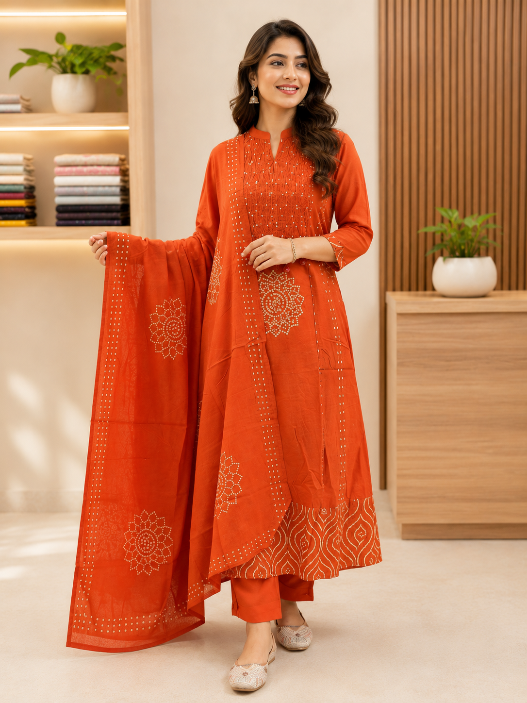 Trending Stylish A-Line Cotton Kurta Pant Dupatta Set with Pintex & Adda Work