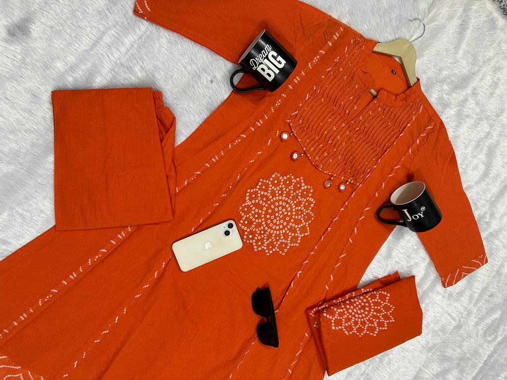Trending Stylish A-Line Cotton Kurta Pant Dupatta Set with Pintex & Adda Work