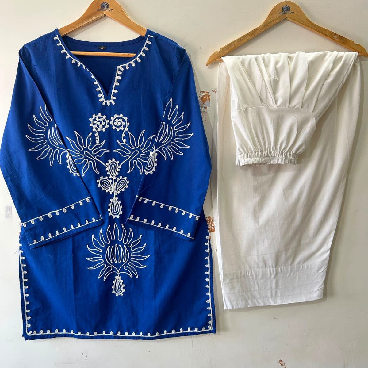 Women's Pure Cotton EmbroideBLU Kurta with Farshi Salwar Set