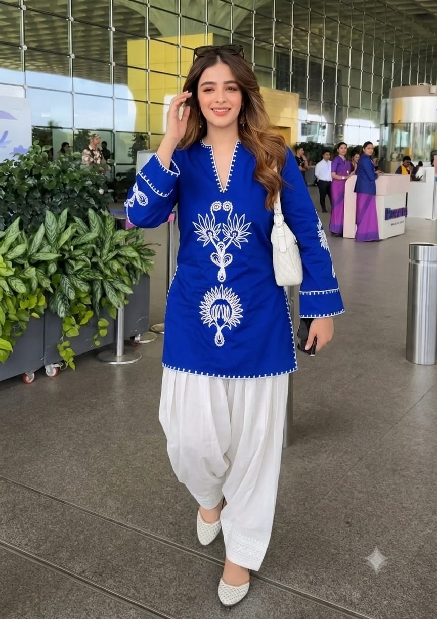 Women's Pure Cotton EmbroideBLU Kurta with Farshi Salwar Set