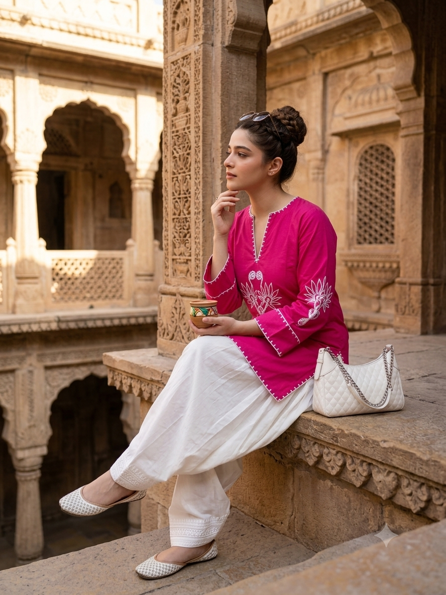 Women's Pure Cotton EmbroidePNK Kurta with Farshi Salwar Set