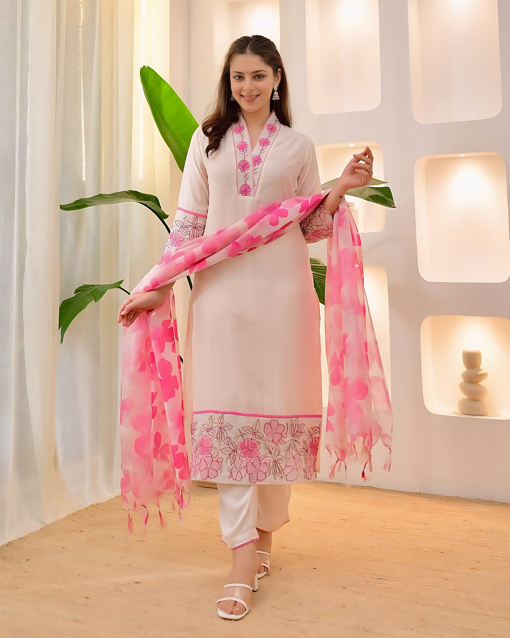 Beautiful Cotton Flax Kurti Set with Pant & Dupatta with Embroidery Work