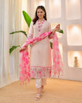 Beautiful Cotton Flax Kurti Set with Pant & Dupatta with Embroidery Work