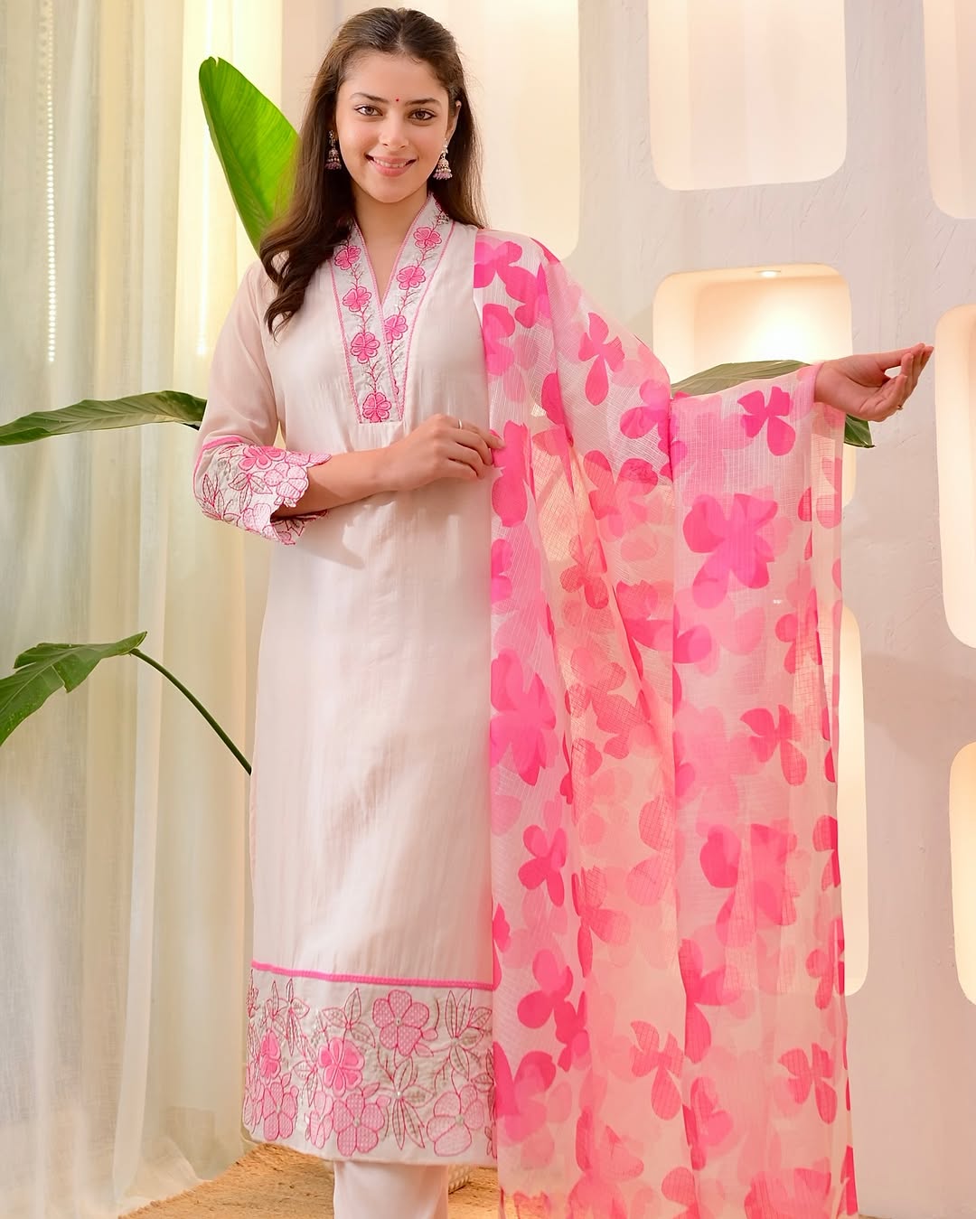 Beautiful Cotton Flax Kurti Set with Pant & Dupatta with Embroidery Work