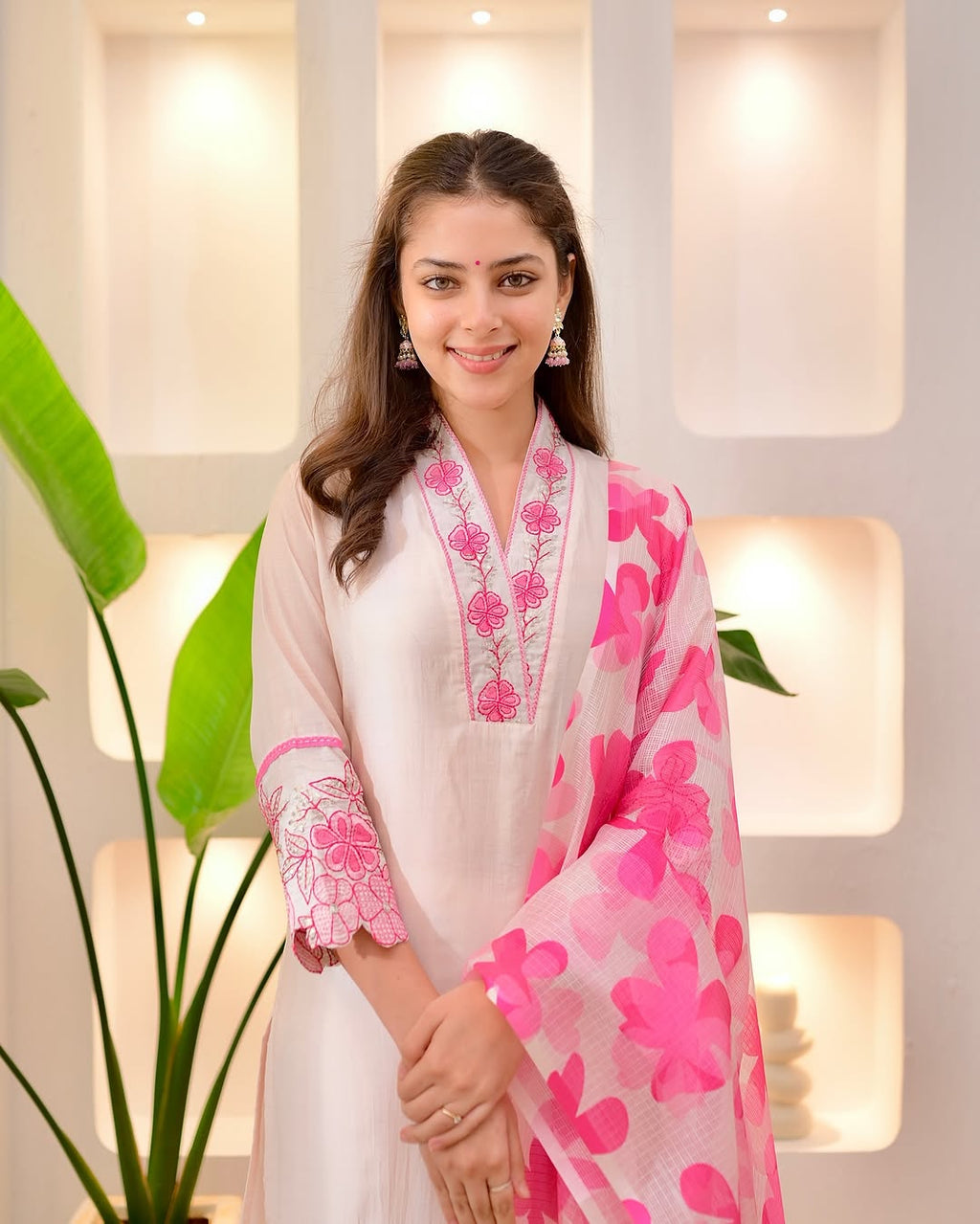 Beautiful Cotton Flax Kurti Set with Pant & Dupatta with Embroidery Work