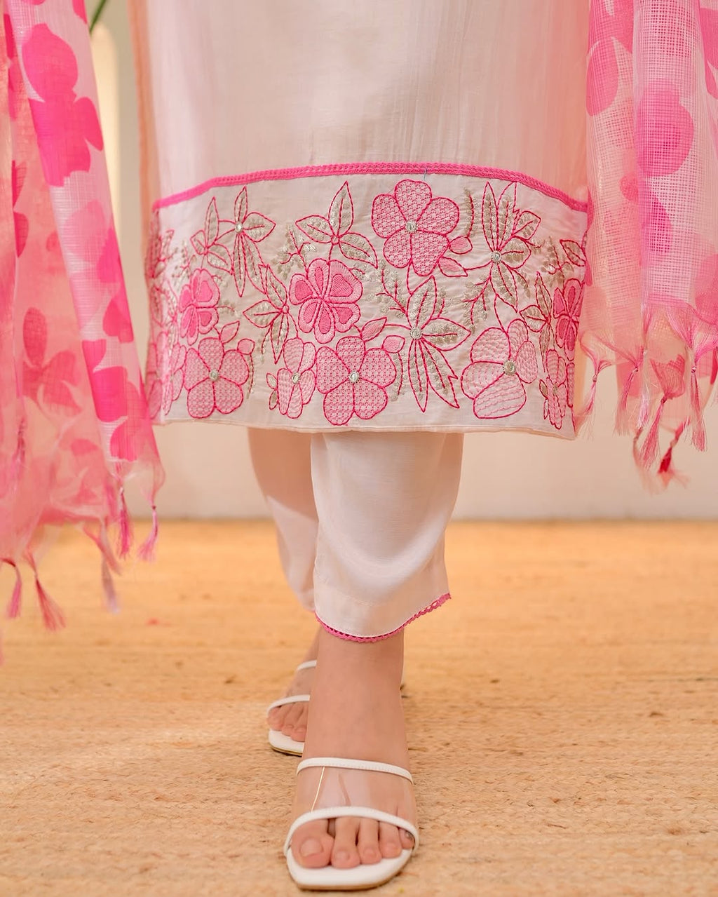 Beautiful Cotton Flax Kurti Set with Pant & Dupatta with Embroidery Work
