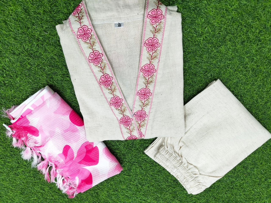 Beautiful Cotton Flax Kurti Set with Pant & Dupatta with Embroidery Work