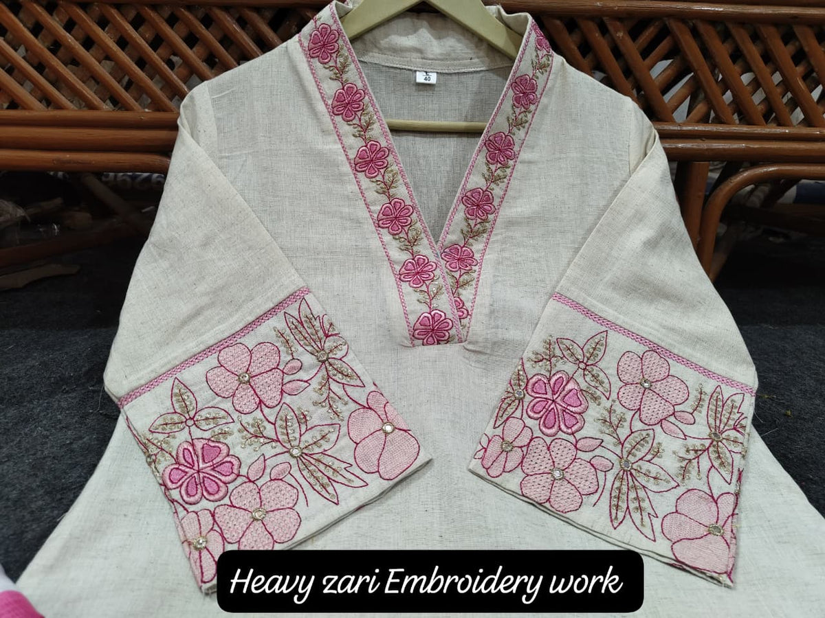 Beautiful Cotton Flax Kurti Set with Pant & Dupatta with Embroidery Work