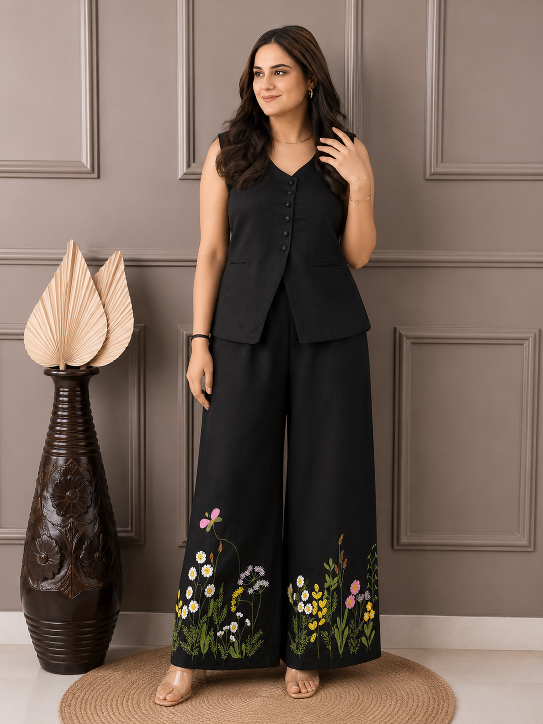 Stylish cotton slub embroide co-ord set with tailo silhouette and functional detailing