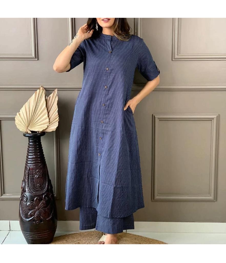 Trending A-Line Cotton Kurti Palazzo Set with Katha Work