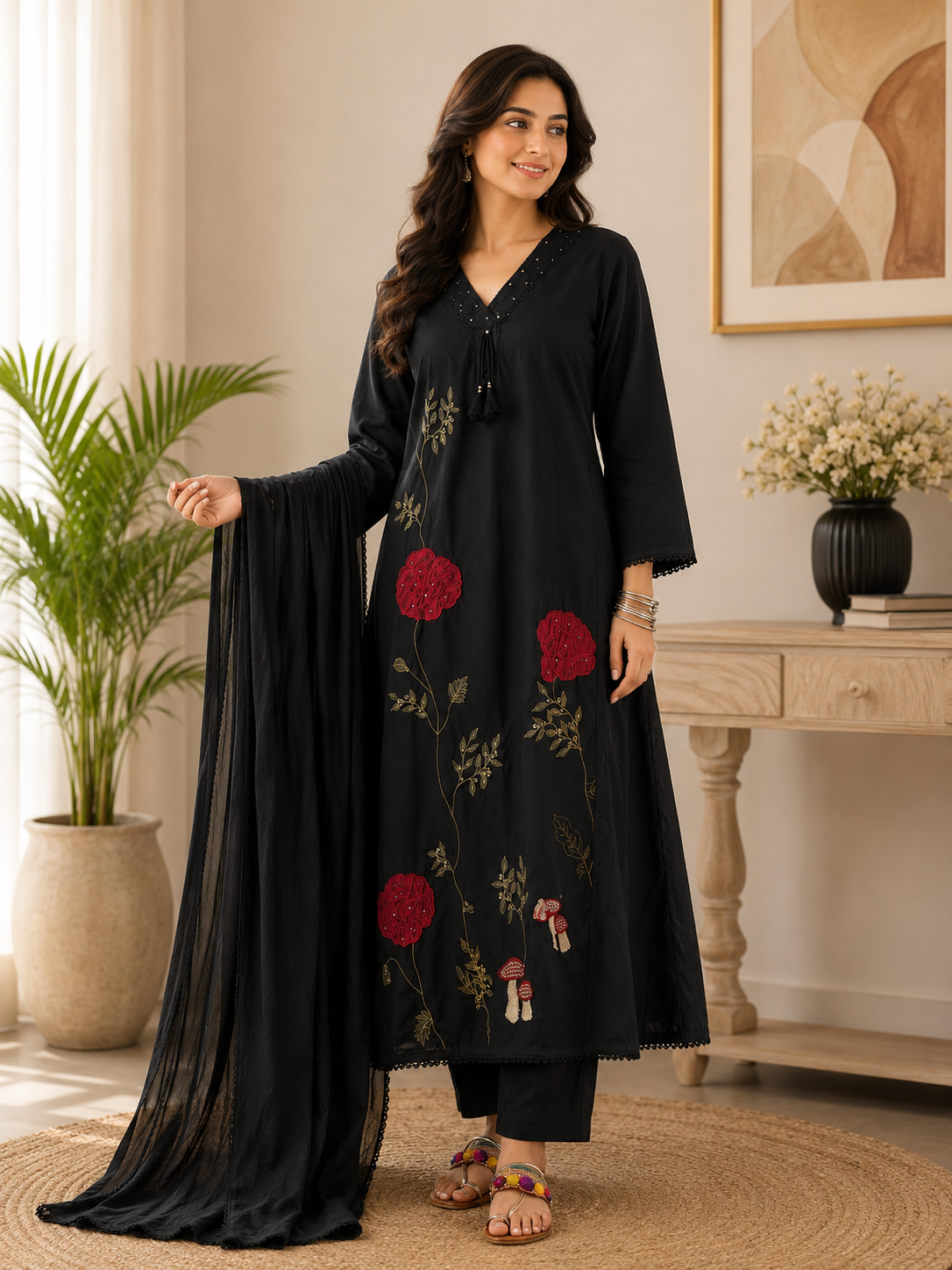 Stylish Trending Cotton Embroide A-Line Kurta Pant & Mulmul Dupatta Set