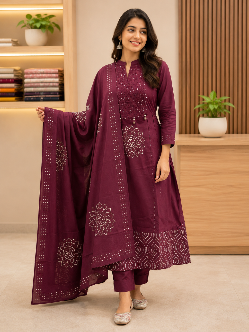 Trending Stylish A-Line Cotton Kurta Pant Dupatta Set with Pintex & Adda Work