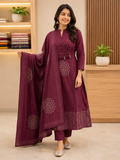 Trending Stylish A-Line Cotton Kurta Pant Dupatta Set with Pintex & Adda Work
