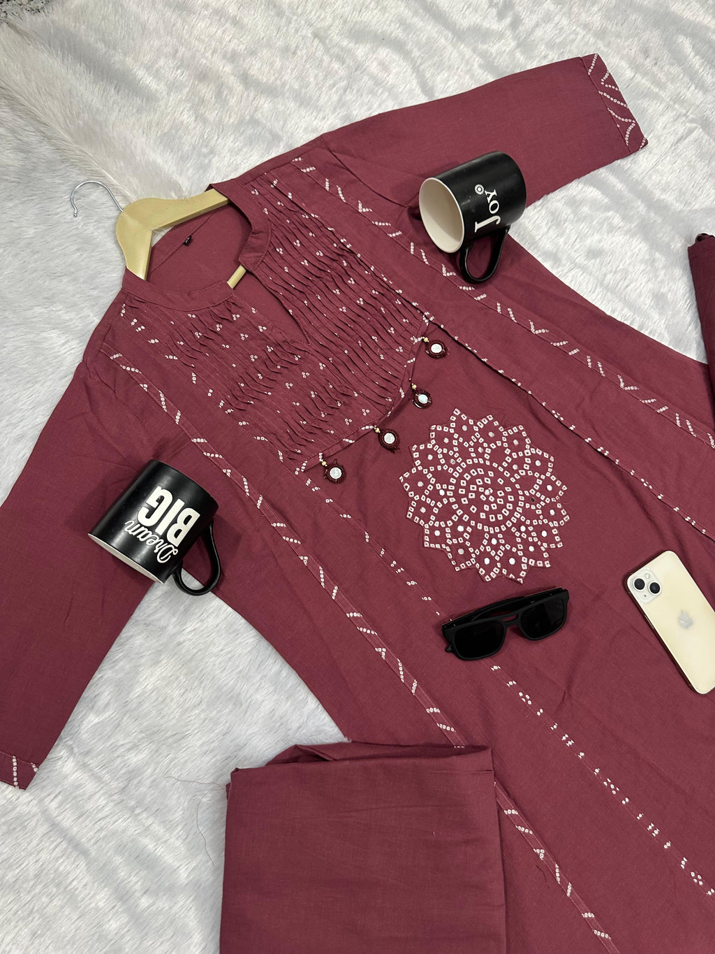 Trending Stylish A-Line Cotton Kurta Pant Dupatta Set with Pintex & Adda Work