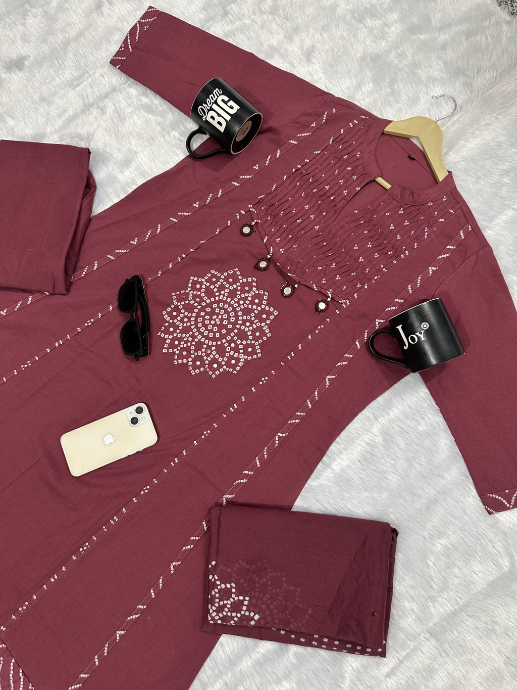 Trending Stylish A-Line Cotton Kurta Pant Dupatta Set with Pintex & Adda Work