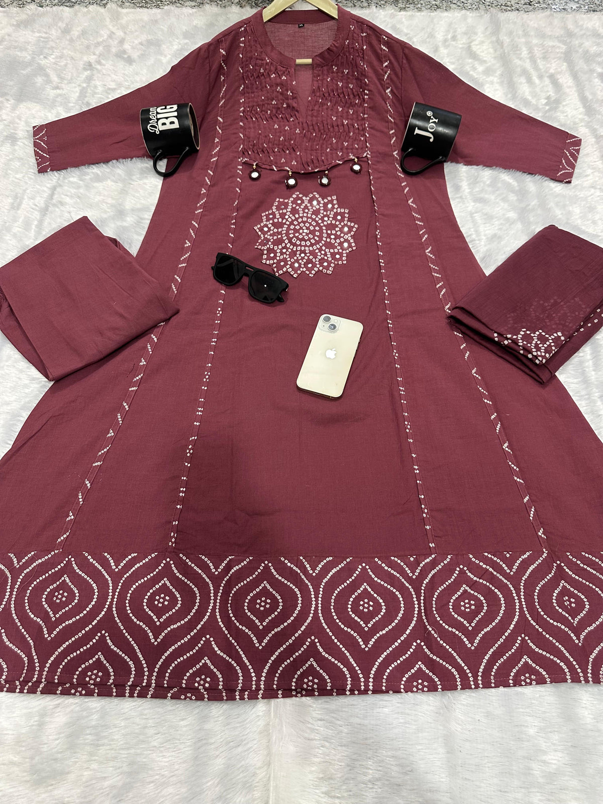 Trending Stylish A-Line Cotton Kurta Pant Dupatta Set with Pintex & Adda Work