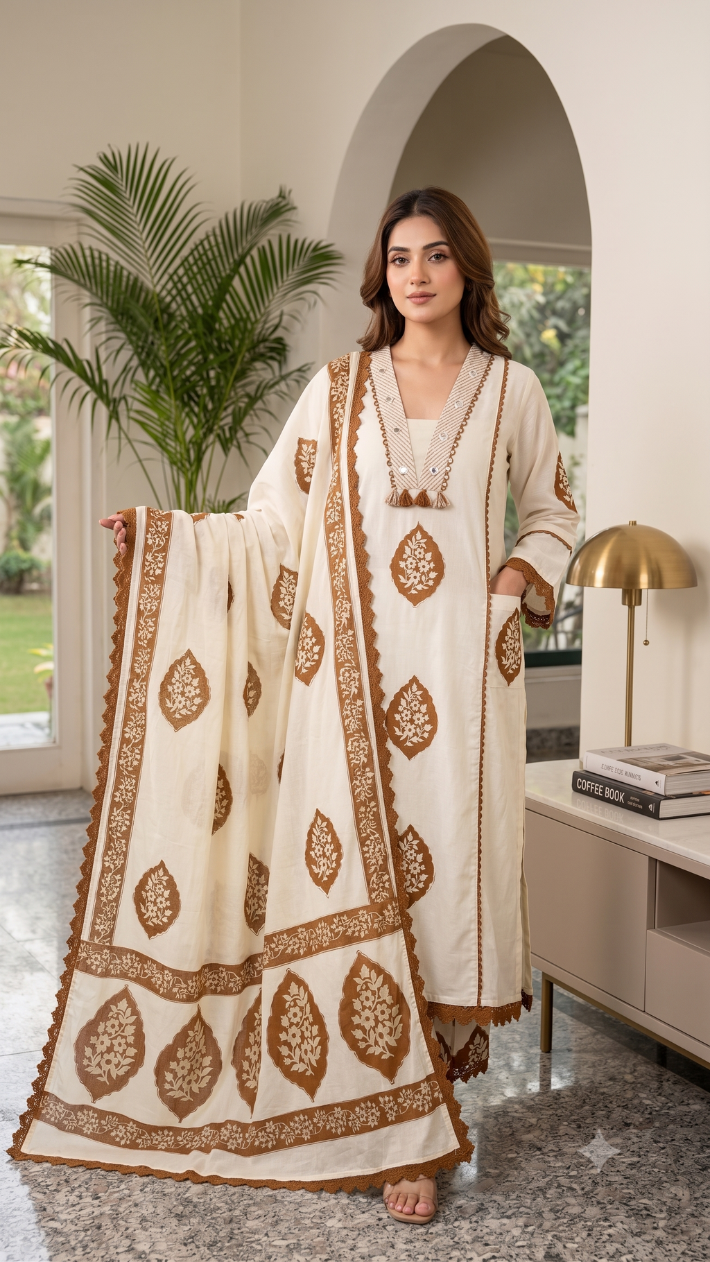 Elegant Cotton Printed Embroide A-Line Kurta Pant Dupatta Set