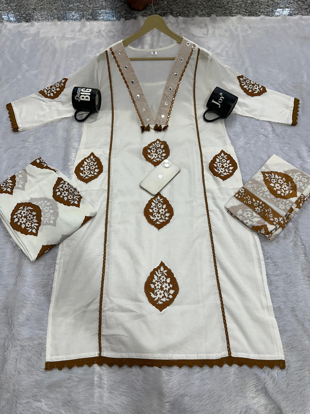 Elegant Cotton Printed Embroide A-Line Kurta Pant Dupatta Set