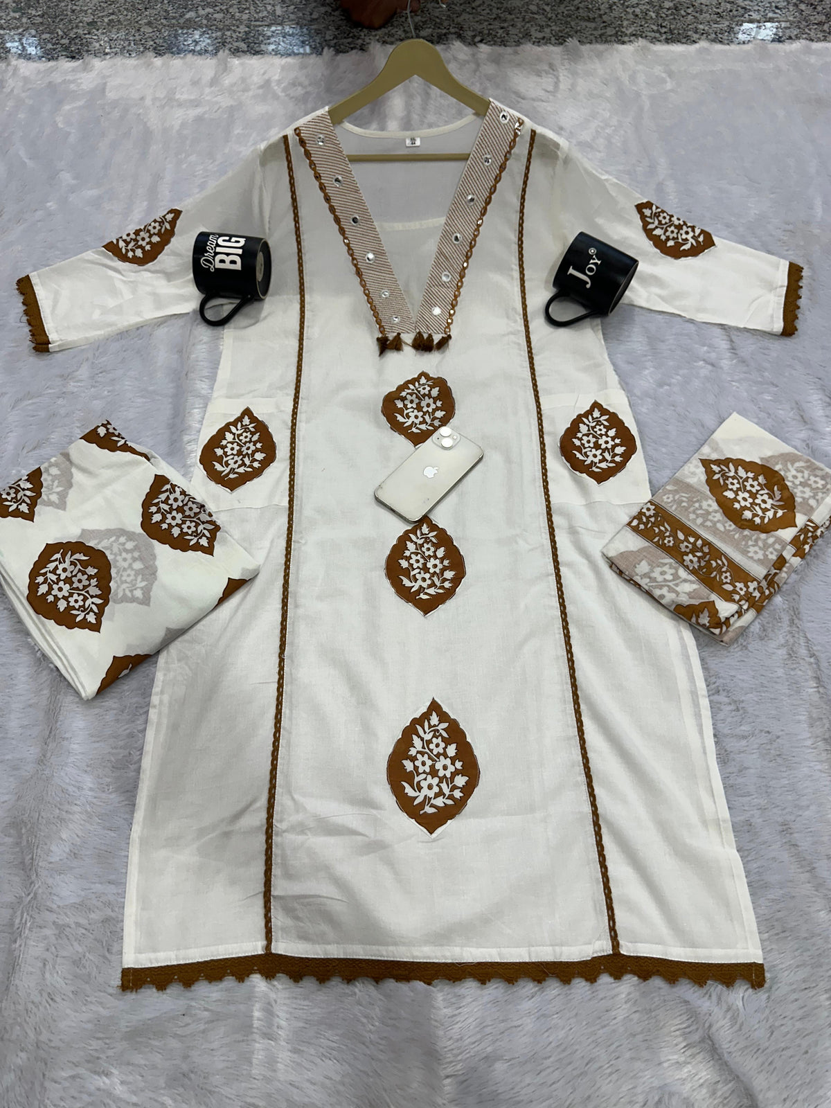 Elegant Cotton Printed Embroide A-Line Kurta Pant Dupatta Set
