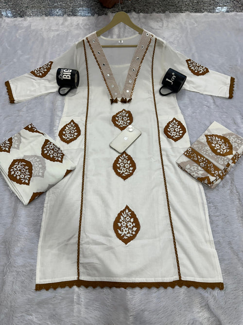 Elegant Cotton Printed Embroide A-Line Kurta Pant Dupatta Set