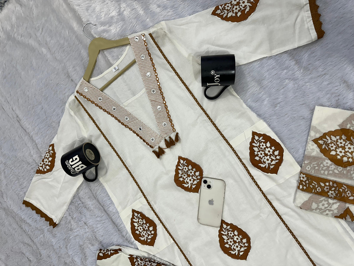 Elegant Cotton Printed Embroide A-Line Kurta Pant Dupatta Set