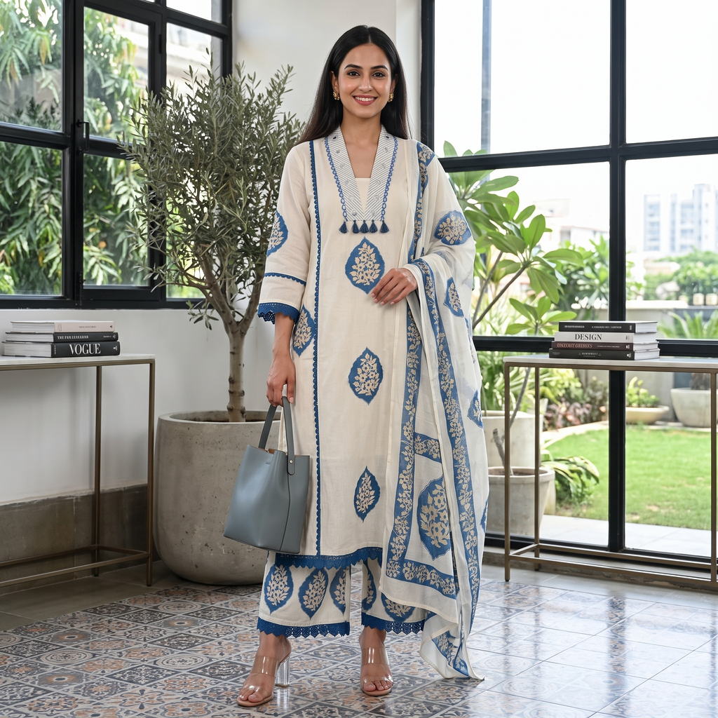 Elegant Cotton Printed Embroide A-Line Kurta Pant Dupatta Set