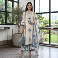 Elegant Cotton Printed Embroide A-Line Kurta Pant Dupatta Set