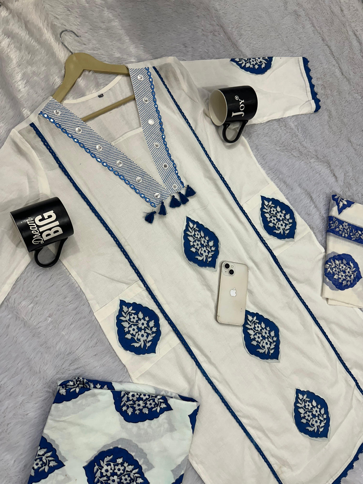 Elegant Cotton Printed Embroide A-Line Kurta Pant Dupatta Set