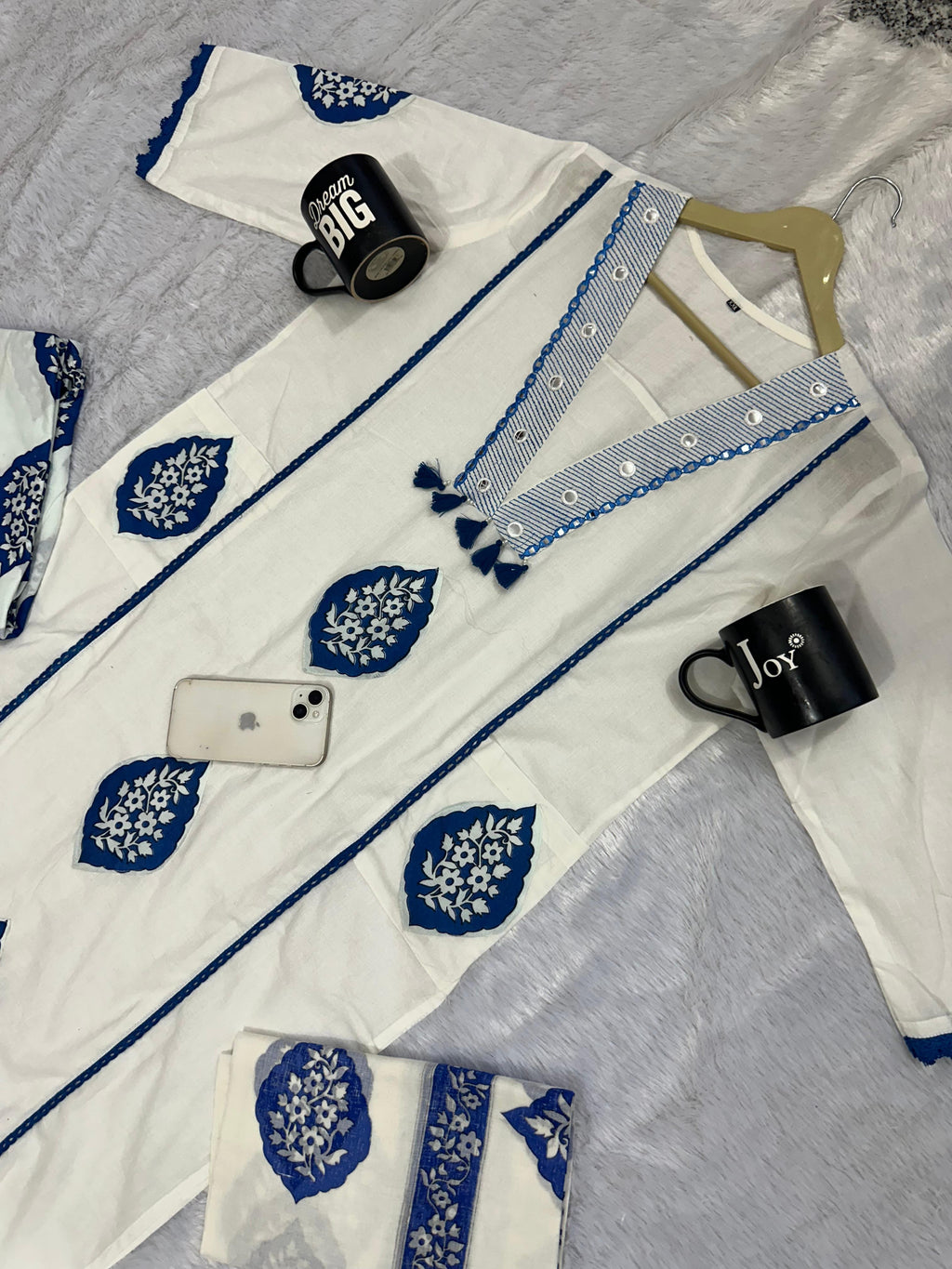 Elegant Cotton Printed Embroide A-Line Kurta Pant Dupatta Set