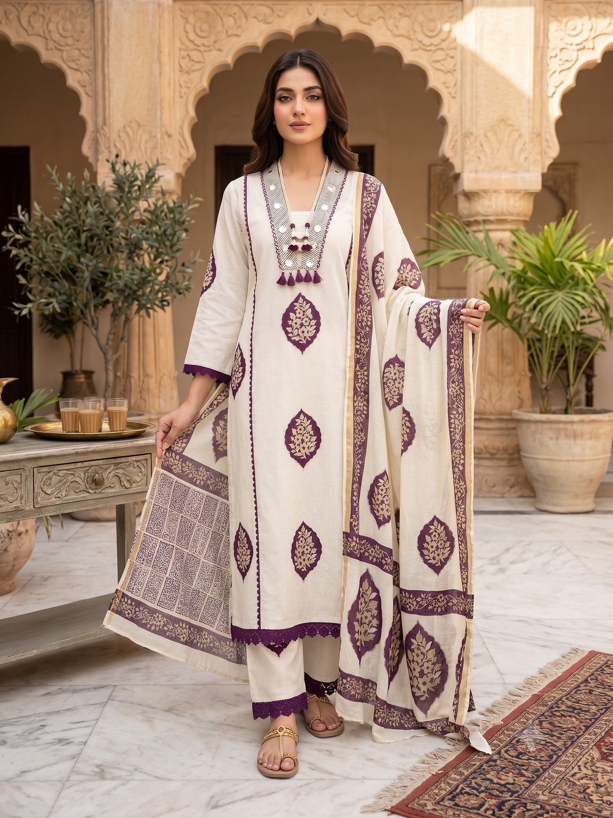 Elegant Cotton Printed Embroide A-Line Kurta Pant Dupatta Set