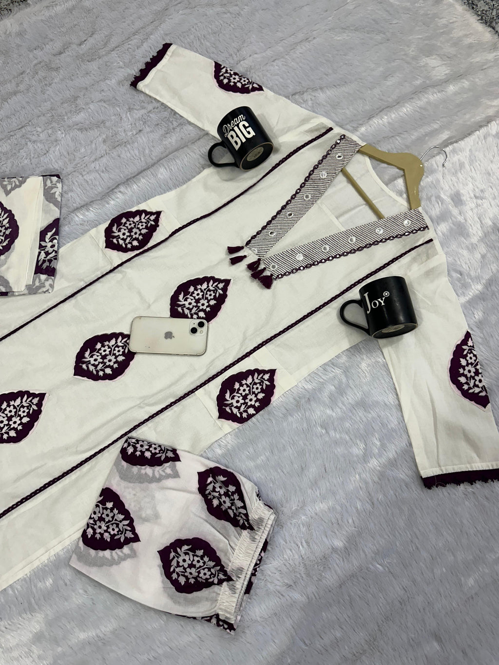 Elegant Cotton Printed Embroide A-Line Kurta Pant Dupatta Set