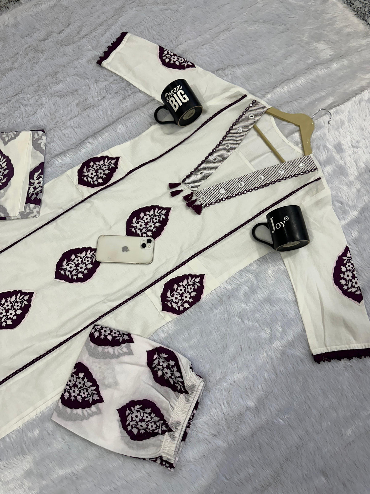 Elegant Cotton Printed Embroide A-Line Kurta Pant Dupatta Set
