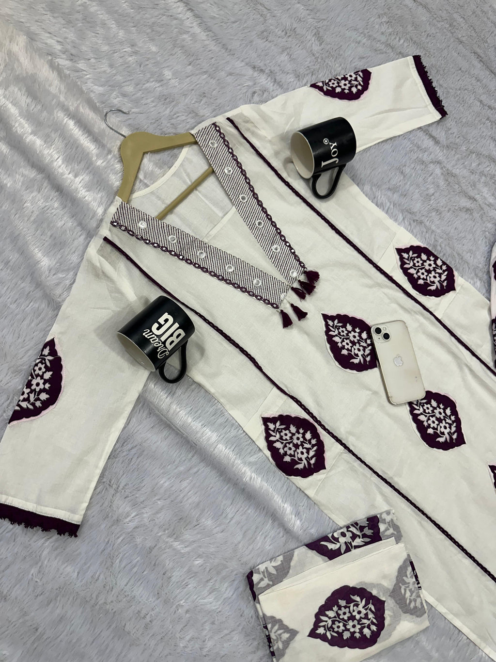Elegant Cotton Printed Embroide A-Line Kurta Pant Dupatta Set