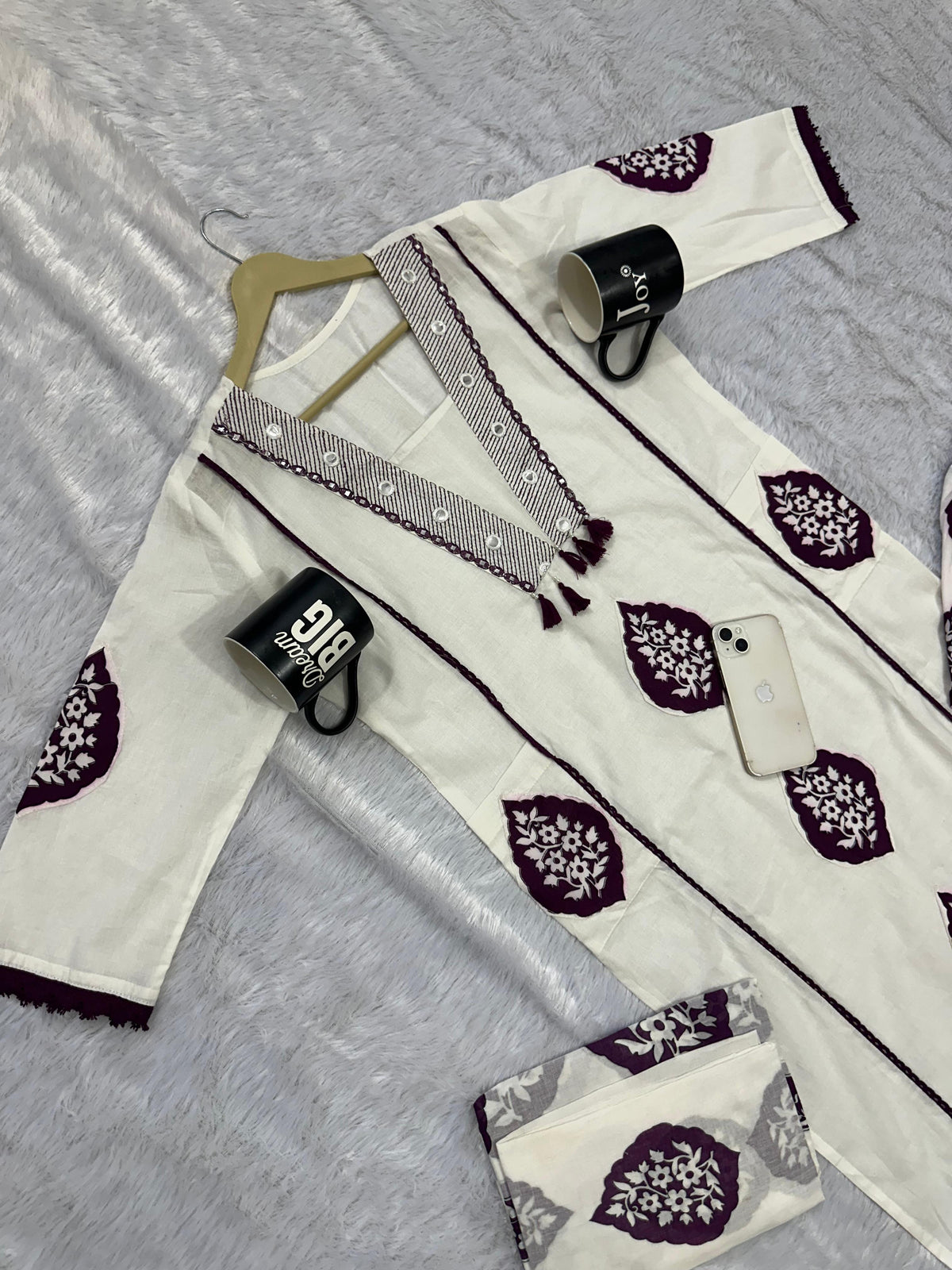 Elegant Cotton Printed Embroide A-Line Kurta Pant Dupatta Set
