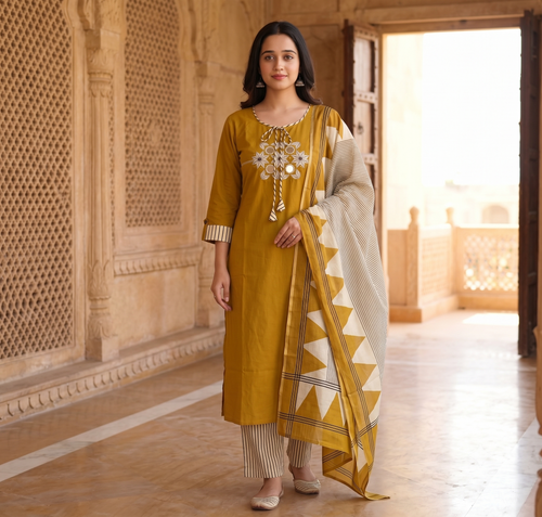 Elegant Sanganeri Print Cotton Kurta Pant Dupatta Set with Embroidery and Mirror Work