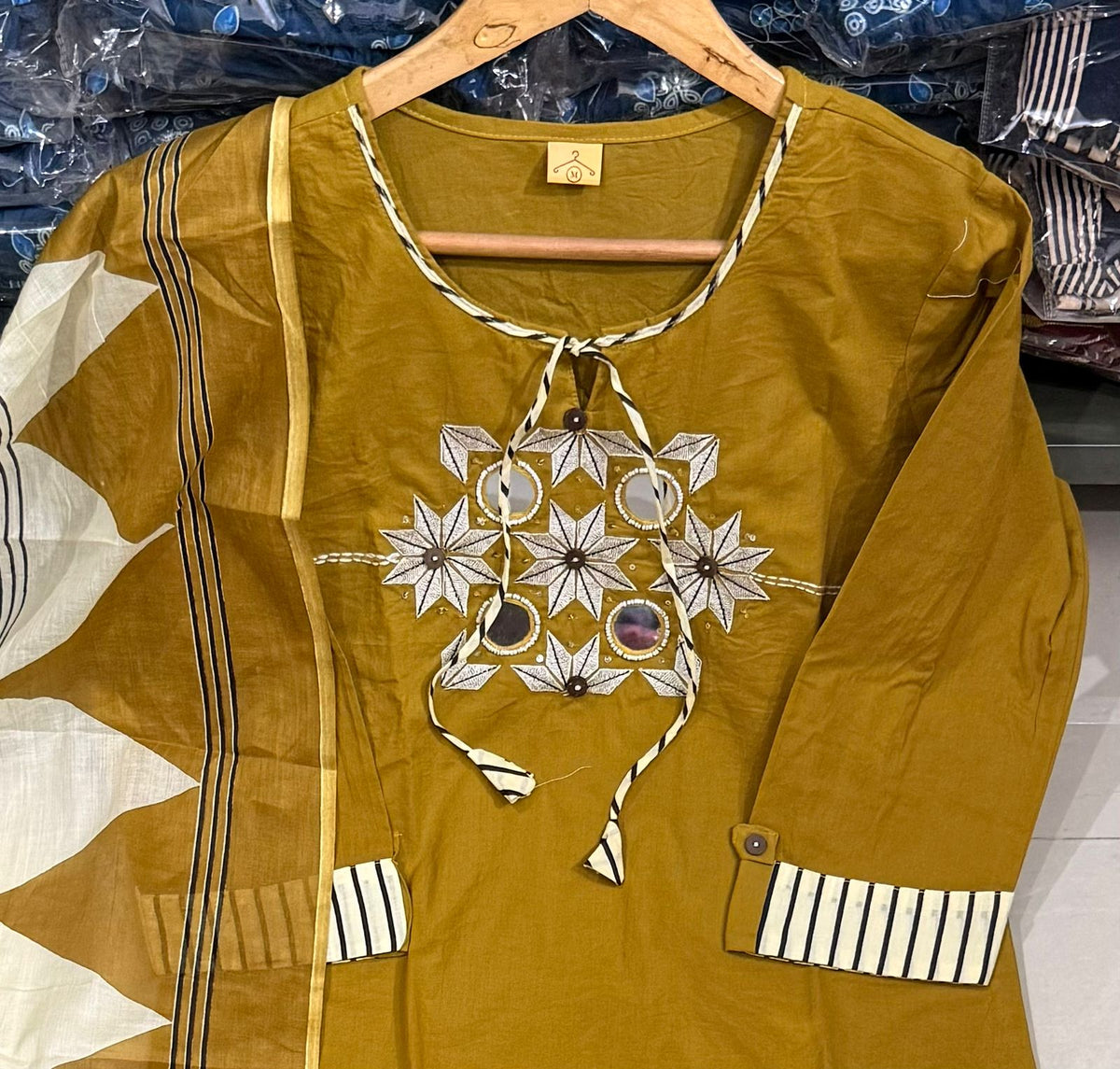 Elegant Sanganeri Print Cotton Kurta Pant Dupatta Set with Embroidery and Mirror Work