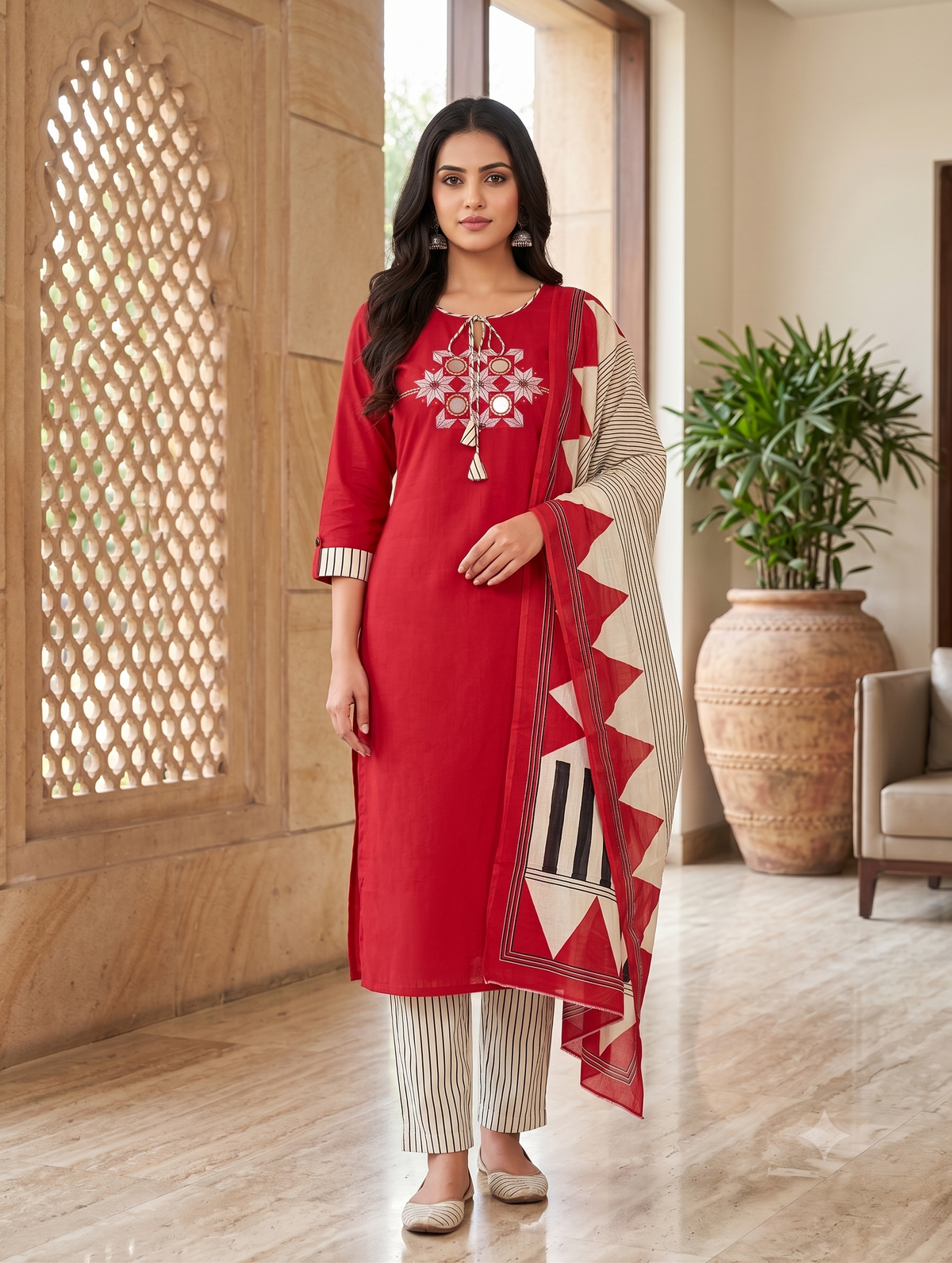 Elegant Sanganeri Print Cotton Kurta Pant Dupatta Set with Embroidery and Mirror Work