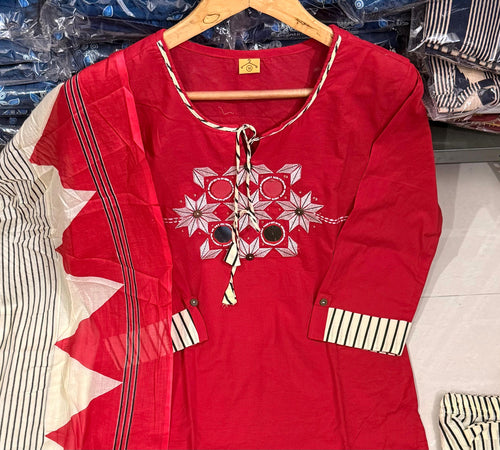 Elegant Sanganeri Print Cotton Kurta Pant Dupatta Set with Embroidery and Mirror Work