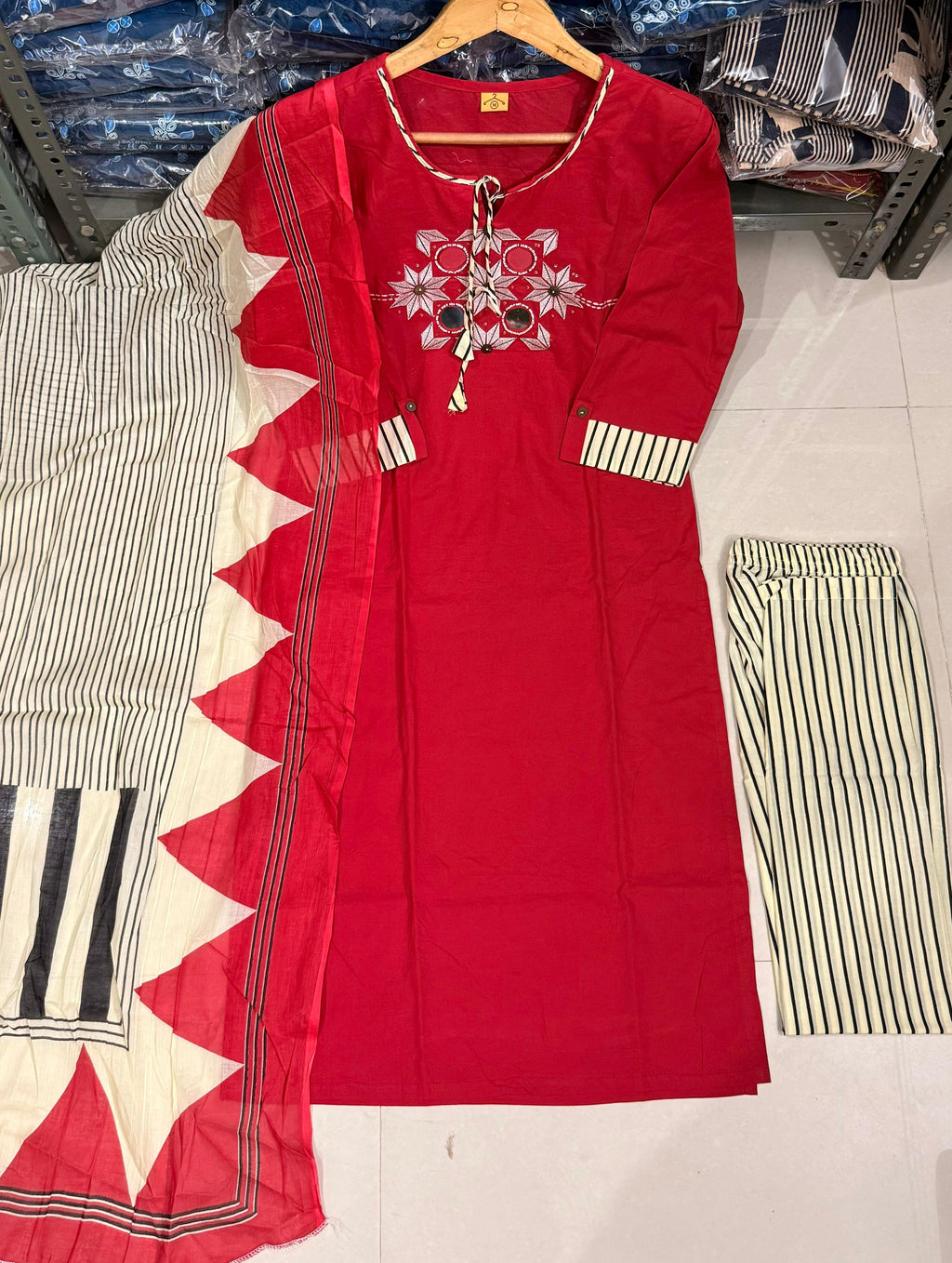 Elegant Sanganeri Print Cotton Kurta Pant Dupatta Set with Embroidery and Mirror Work