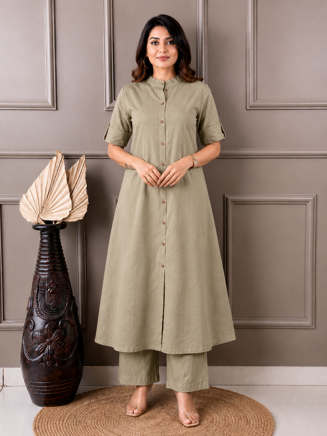 Trending A-Line Cotton Kurti Palazzo Set with Katha Work