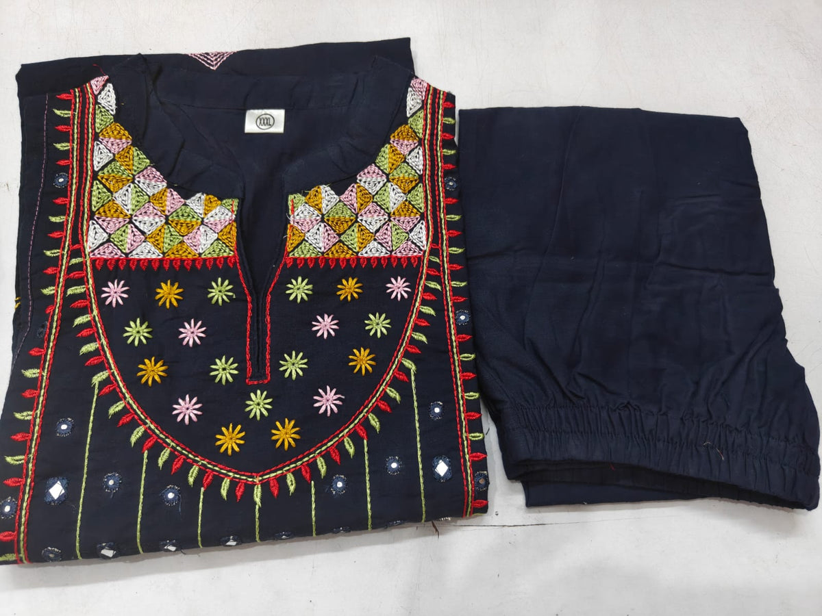 Women Cotton Embroide Mirror Work Kurta Pant Dupatta Set