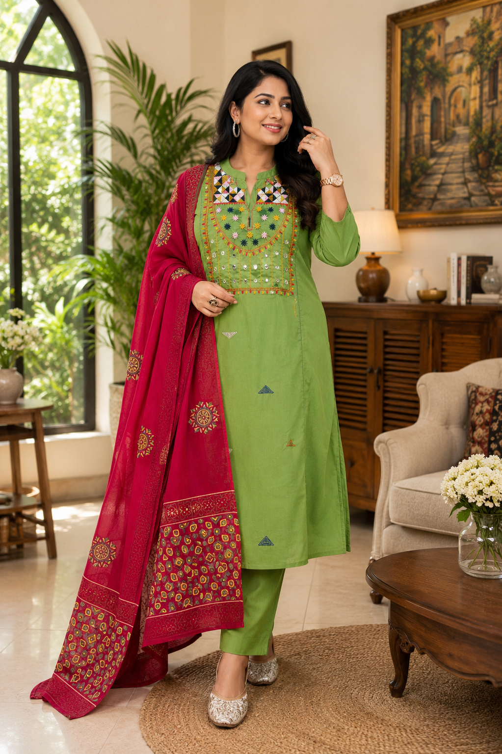 Women Cotton Embroide Mirror Work Kurta Pant Dupatta Set