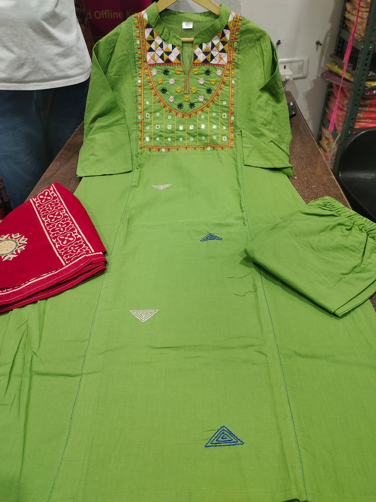 Women Cotton Embroide Mirror Work Kurta Pant Dupatta Set